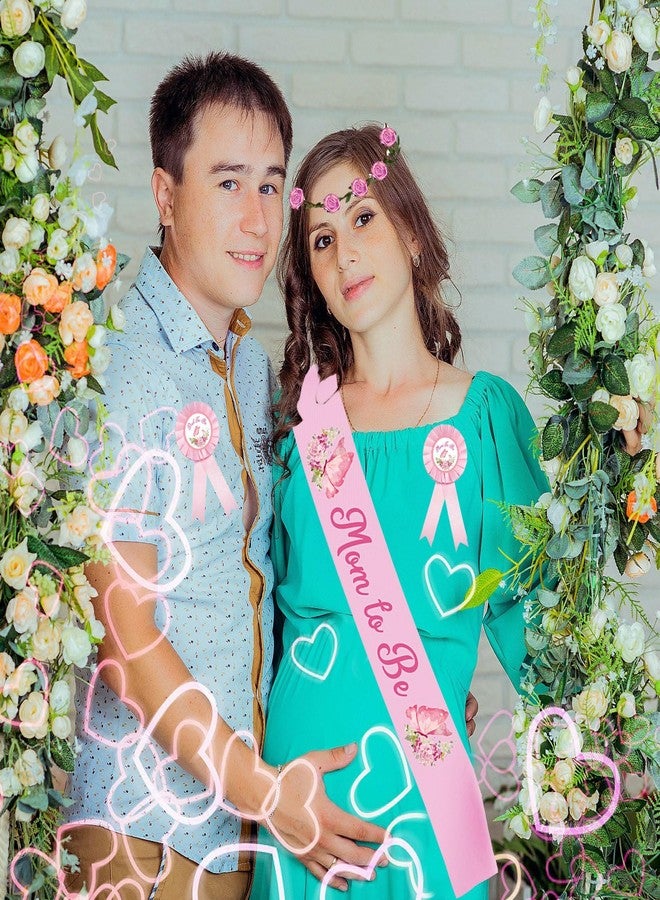 وشاح بتصميم فراشة للأم الحامل، ودبوس للأب الحامل، وطوق رأس على شكل تاج من الزهور الوردية لحفلة الكشف عن جنس المولود، وهدايا تذكارية لحفلة استقبال المولود، وزينة لحفلة تصوير الحمل للبنات، ووشاح للأم الحامل. - Image 4